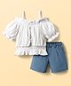 Pine Kids Viscose Rayon Woven Cold Shoulder Top & Shorts Set With Textured Design - White & Blue