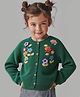 Bonfino 100% Cotton Knit Full Sleeves Front Open Sweater With Floral Embroidery - Green