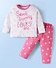Doodle Poodle 100% Cotton Full Sleeves Text & Polka Dots Printed Night Suit -White & Dark Pink