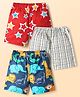 Babyhug Cotton Woven Above Knee Length Boxers with Star Checks & Animal Print Pack of 3 - Red Navy Blue & Off White