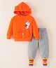 Mark & Mia Full Sleeves Winter Wear Hooded Sweatshirt & Lounge Pant Set With Rabbit Embroidery - Orange