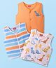 Babyhug 100% Cotton Sleeveless Front Open Stripes & Dino Printed Jhablas Pack Of 3 - Orange White & Light Blue