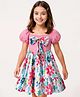 Arias Cotton Knit Balloon Sleeves Frock With Bow Applique & Floral Print - White & Pink