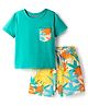 Pine Kids Single Jersey Knit Half Sleeves Shorts Night Suit With Leaf Print - Sea Green