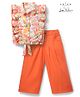 Arias Rayon Woven Sleeveless Printed Shirt & Pant Set With Ruffle Detailing - Orange