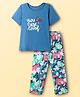 Pine Kids Cotton Knit Half Sleeves Night Suit With Text & Butterfly Print - Blue
