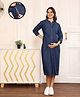 MomToBe Cotton Denim Three Fourth Sleeves Solid Maternity Dress With Concealed Zipper Nursing Access - Dark Blue