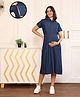 MomToBe Cotton Denim Half Sleeves Solid Shirt Style Maternity Dress With Concealed Zipper Nursing Access - Dark Blue