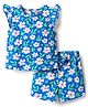 Babyhug Cotton Knit Frill Sleeves Shorts Night suit With Floral Print - Blue