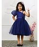Toy Balloon Kids Net Half Puffed Sleeves Floral Applique Detailed Swiss Dot Designed Dress - Navy Blue