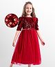 Hola Bonita Knit Three Fourth  Sleeves Party Dress with Velvet  Sequin Glitter Mesh With Belt Dress  - Maroon