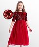Hola Bonita Knit Three Fourth  Sleeves Party Dress with Velvet  Sequin Glitter Mesh With Belt Dress  - Maroon