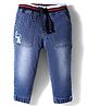 Babyhug Full Length Washed Denim Joggers With Print & Stretch - Blue