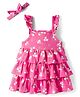 Babyhug Single Jersey Knit Frill Sleeves Layered Frock with Floral Print & Bow Applique Headband - Pink