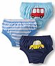 Doodle Poodle 100% Cotton Single Jersey Knit Brief With Stripes & Vehicle Print Pack Of 3 - Navy Blue & Light Blue