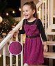 Hola Bonita Knit Shimmer Party Dress with Three Fourth Sleeves Inner Tee Bow Applique & Belt - Maroon & Black