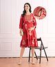 Bella Mama Viscose Woven Three Fourth Sleeves Maternity Dress with Floral Print & Embroidery on Neck - Dark Red