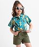 OLLINGTON ST. Cotton Knit Half Sleeves Tropical Theme Printed Top & Twill Shorts Set with Belt - Multicolor & Olive Green