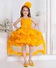 Lagorii Net Sleeveless Bow Applique & Ruffle Detailed High Low Dress With Headband & Detachable Tailback - Yellow