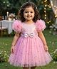 Babyhug Woven Frill Sleeves Sequinned Yoke Party Dress With Butterfly Glitter Print & Bow Applique - Pink
