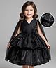 Babyhug Woven Full Cape Sleeves Tiered Party Dress With Floral Corsage & Pin Tuck Detailing - Black