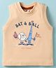 Zero Sinker Knit Sleeveless Vest With Bat & Ball Text  Print - Peach