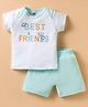 Zero Sinker Knit Half Sleeves Striped T-Shirt & Shorts Set With Best Friends Print - Aqua Blue