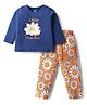Doodle Poodle 100% Cotton Knit Full Sleeves Night Suit with Floral Print - Navy Blue