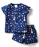 First Smile Sinker Knit Half Sleeves Shorts Co-Ord Night Suit with Floral Print - Navy Blue