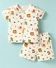 First Smile Sinker Knit Half Sleeves Shorts Co-Ord Night Suit with Animal Print - Cream