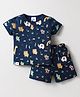 First Smile Sinker Knit Half Sleeves Shorts Co-Ord Night Suit with Animal Print - Navy Blue
