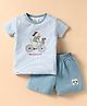 Ollypop Interlock Knit Half Sleeves Striped T-Shirt & Shorts Set With Animal Patch - Light Blue