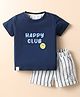 First Smile Interlock Knit Half Sleeves T-Shirt & Striped Shorts Set With Happy Club Print - Navy Blue