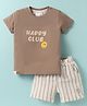 First Smile Interlock Knit Half Sleeves T-Shirt & Striped Shorts Set With Happy Club Print - Tan