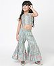 Lil' Drama Lurex Muslin Sleeveless Floral Printed Lace Embellished Pleated Crop Top & Sharara Set - Blue