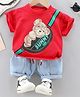 Googo Gaaga Cotton Half Sleeves Teddy Bear & Sling Bag Printed Tee & Shorts Set - Red