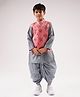 Lil' Drama Chanderi Full Sleeves Solid Dhoti Kurta With Floral Printed Jacket Set - Grey