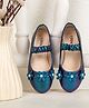 Toothless Floral Applique Detailed & Pearls Embellished Shimmered Mary Jane Ballerinas - Metallic Blue