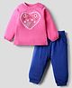 Doodle Poodle 100% Cotton Full Sleeve Heart Printed T-shirt & Lounge Pant Set - Blue & Pink