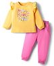 Doodle Poodle 100% Cotton Knit Full Sleeves T-Shirt & Joggers Set Floral & Butterfly Print - Yellow & Pink
