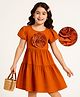 Arias 100% Cotton Half Sleeves Solid Coloured Dress With Floral Applique - Orange