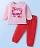Doodle Poodle 100% Cotton Full Sleeves Text Printed T-shirt & Lounge Pant Set - Light Pink & Red