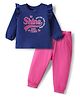 Doodle Poodle 100% Cotton Knit Full Sleeves T-Shirt & Trouser Set With Text Print - Navy Blue & Dark Pink