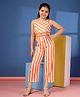 Budding Bees Cotton Sleeveless Striped & Floral Embroidered Jumpsuit - Orange