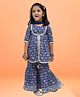 TIPPY TOP Cotton Three Fourth Sleeves Ethnic Printed Front Open Lace Embellished Kurta & Sharara With Dupatta Set - Blue
