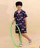BownBee Pure Cotton Half Sleeves Leopards Printed Coordinating Shirt & Shorts Set - Navy Blue