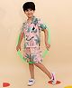 BownBee Pure Cotton Woven Half Sleeves Tropical Theme & Animal Printed Coordinating Shirt & Shorts Set - Pink