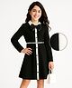 Arias Woven Full Sleeves Collar Neck Textured Dress With Belt & Bow Applique - Black & White