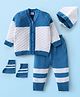 Babyhug Knitted Full Sleeves Front Open Striped Sweater Set with Cap & Pair of Booties - Blue & White