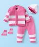 Babyhug Knit Full Sleeves Front Open Sweater & Pant Set with Cap and Booties Stripes Design - Pink